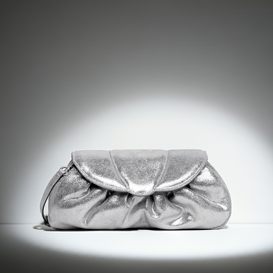 Sasha Clutch in Distressed Silver Suede