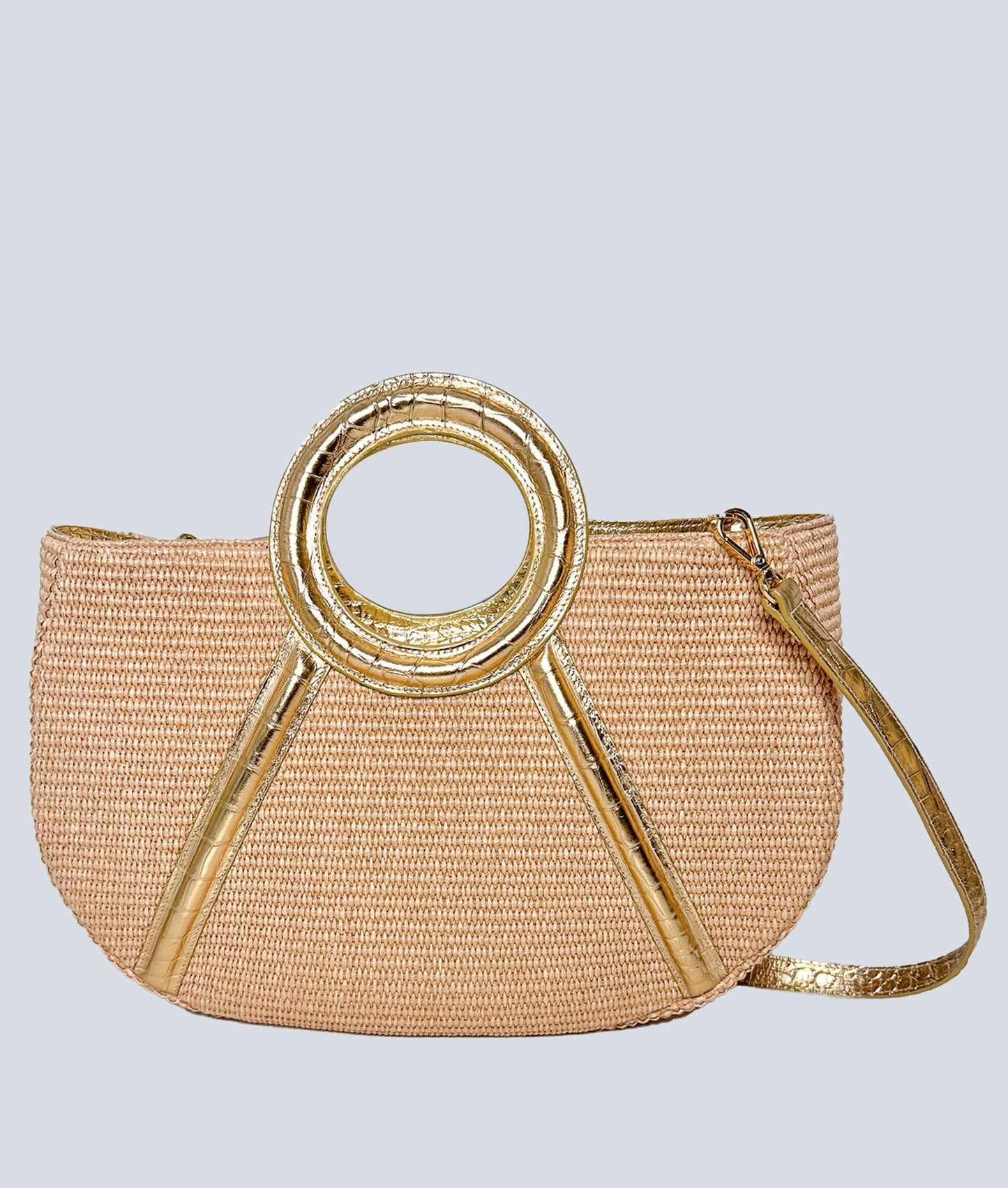 Afiya in Gold Croc Embossed Leather with Raffia