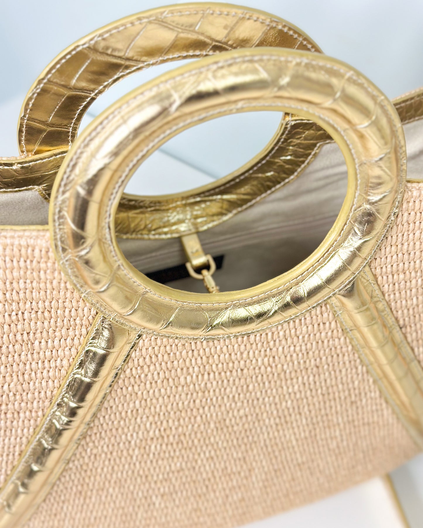 Afiya in Gold Croc Embossed Leather with Raffia