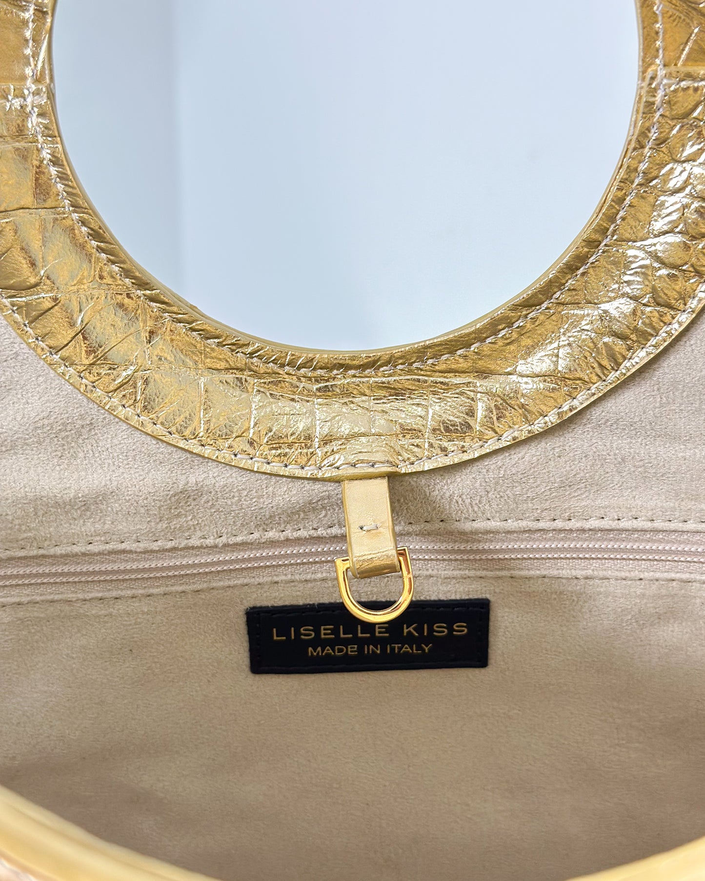 Afiya in Gold Croc Embossed Leather with Raffia