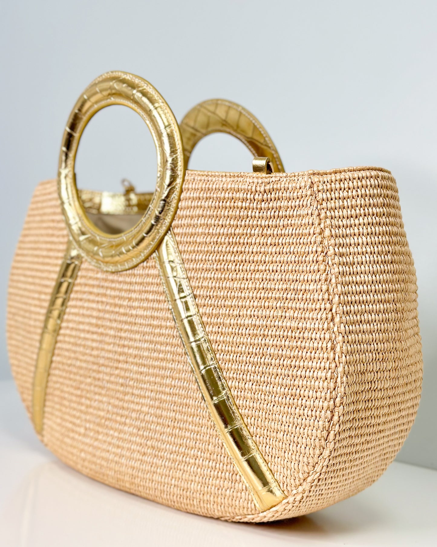 Afiya in Gold Croc Embossed Leather with Raffia