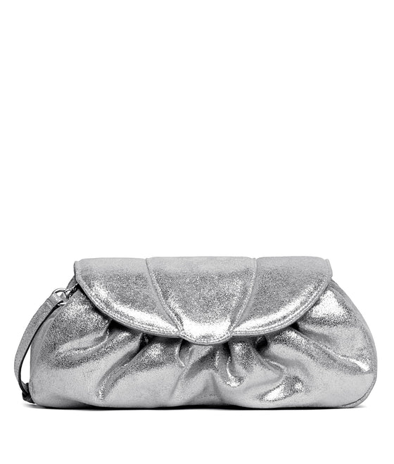 Sasha Clutch in Distressed Silver Suede