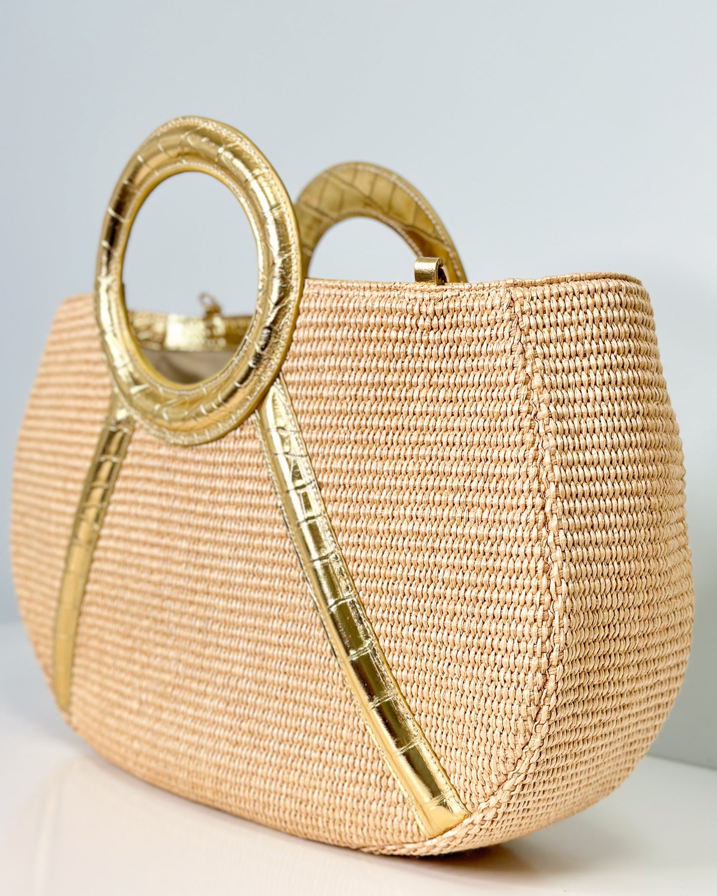 Finda in Gold Croc Embossed Leather with Raffia