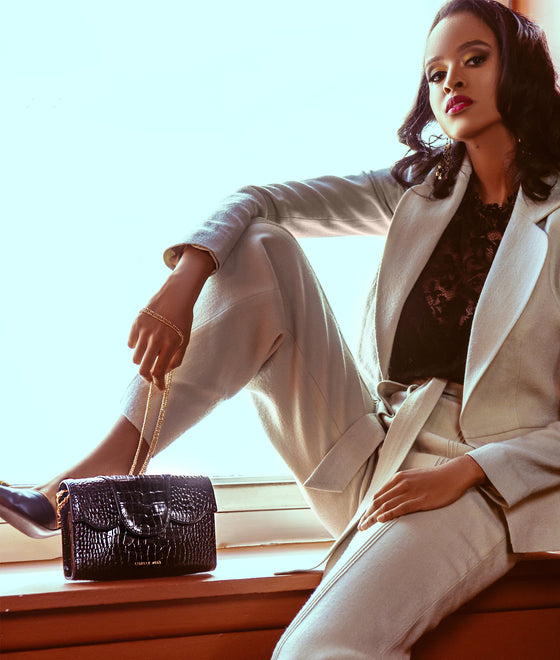 Allie Black Embossed Croc Clutch - Liselle Kiss